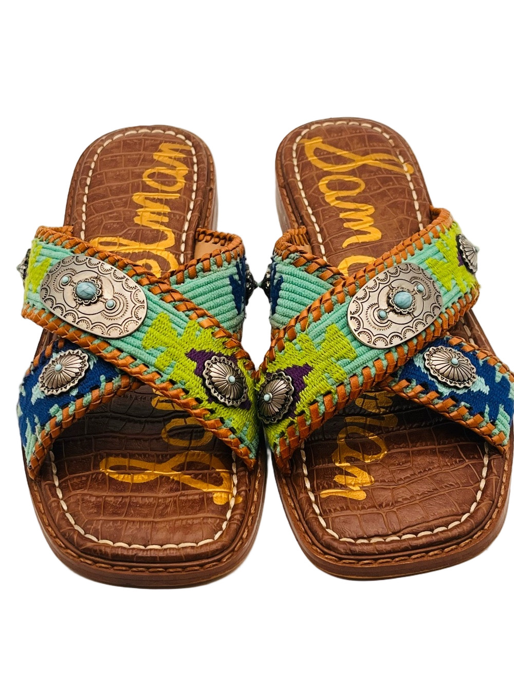 Sam Edelman Brown Embordered Slide Sandals Concho Turquoise Multicolor 6.5 - Picture 4 of 8
